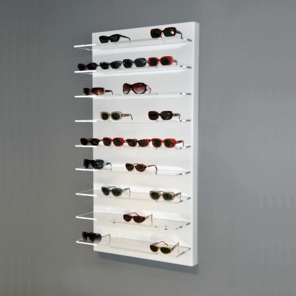 Espositori occhiali da parete in opalino bianco e 9 ripiani trasparenti