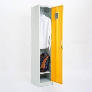 1 Metal locker with lock and internal accessories available in 5 colours-open door detail