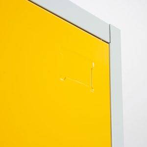 Metal locker with lock and internal accessories available in 5 colours-corner detail for inserting name plate